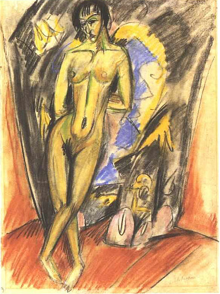 Standing female nude in frot of a tent